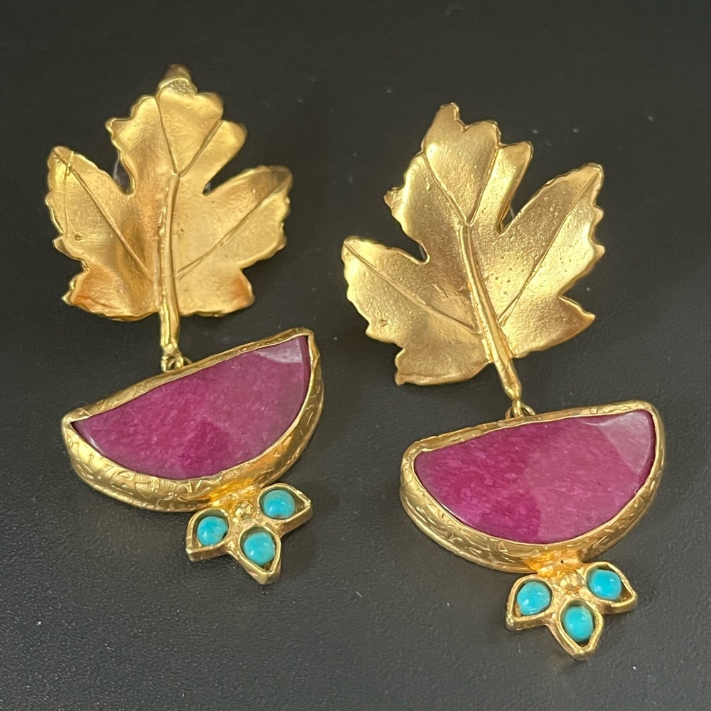 Gold and Pink Leaf Earrings